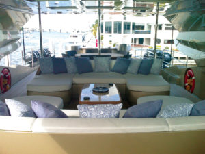 Upholstery and interior work is also a good way to stay busy during offseason. AA Boat Tops & Canvas does a great deal of custom upholstery work. Owner John Adinolfe actually does more upholstery work on exterior mega yacht seating than canvas work lately.