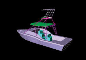 This digital image, created in Rhino CAD software, shows the finished model of an ARG 31-foot Ocean Master. This model was used to prototype various tower designs.