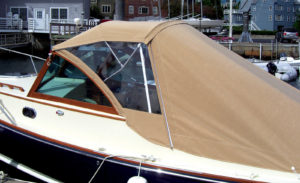 A CW Hood Yachts Wasque 26 outfitted with Hood Canvas and our project aft cover. Notice the stitch lines on the aft cover.