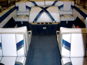 This interior by Paul's Custom Canvas demonstrates the bright colors and intricate patterns found more typically in sport boats and in the central parts of the country. Photo: Paul's Custom Canvas.