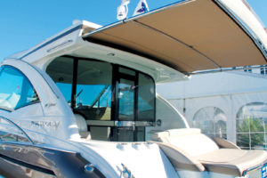 A Formula 45 yacht features a fully integrated SureShade ATF automated shade system. Photo: SureShade. 
