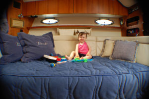 Because space on boats is always at a premium, designers find creative ways to store children’s toys, blankets and towels, hats, sunblock and the like.