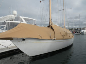The owner of this yacht wanted entrance points on both sides with the full cover in place, and removable sections near the cockpit area. David’s Custom Trimmers of Queensland, Australia, used more than 85 yards of fabric, 43 zips and 10 yards of felt-like carpet as rub strips on this cover that included nine sections.  The cover won an outstanding achievement award in the 2014 MFA Fabrication Excellence Awards.