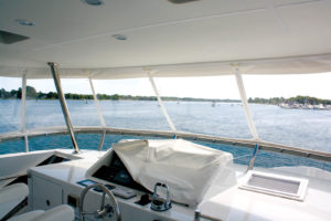 Many customers on the Great Lakes seek weather protection for their boats. Charles Klein, owner of Dorsal LLC, Sturgeon Bay, Wis., connected pieces of clear2sea™ to create window panels (removable and roll-up) for a full enclosure on a 72-ft. Ocean Alexander.