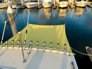 “Creative hardware and fabric have been key to the right design for the right boat and owner,” says Stephan Kåmark, owner of Advanced Canvas & Upholstery Services, of the sunfly shades he manufactures.