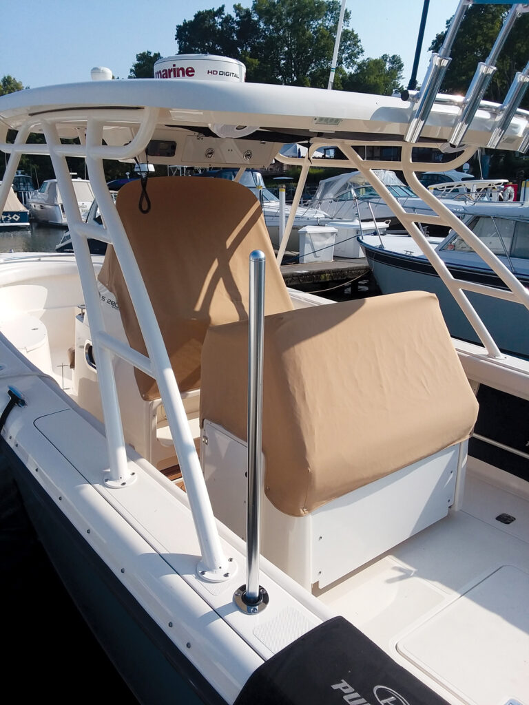Covers on a boat helm and seat.