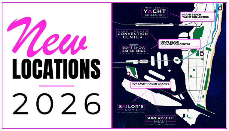 A map of the Miami Boat Show's venue space, with a bold "New Locations 2026" note.