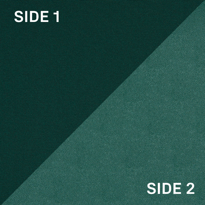 Textile split diagonally, showcasing a dark green textured side labeled "SIDE 1" and a lighter green smooth side labeled "SIDE 2."
