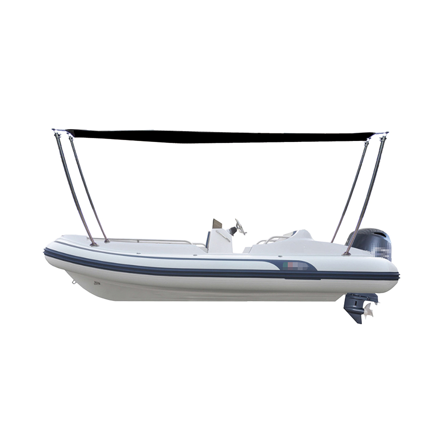 A white inflatable boat with a dark canopy, suspended by fiberglass poles, set against a plain background.