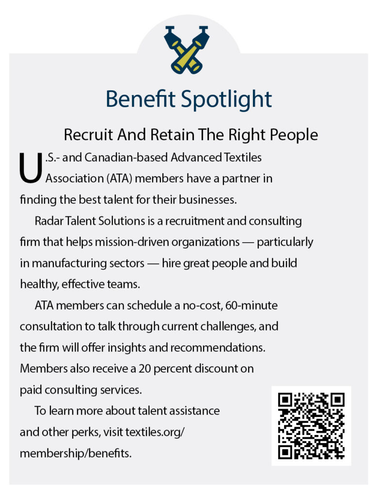 Graphic featuring a blue and white layout with a spotlight symbol, highlighting recruitment services for the textile industry with contact info.