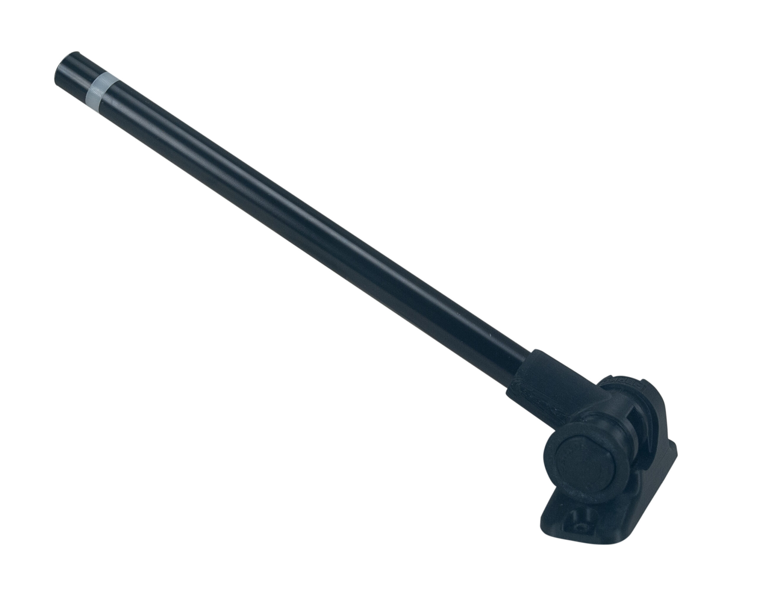 Black folding arm hinge with a cylindrical body and a straight rod extending from it, designed for marine applications.