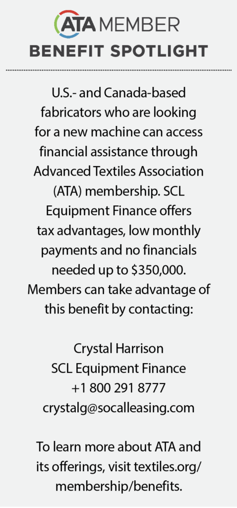Text on a light background promotes financial assistance for U.S. and Canada-based fabricators, featuring contact details and membership benefits.